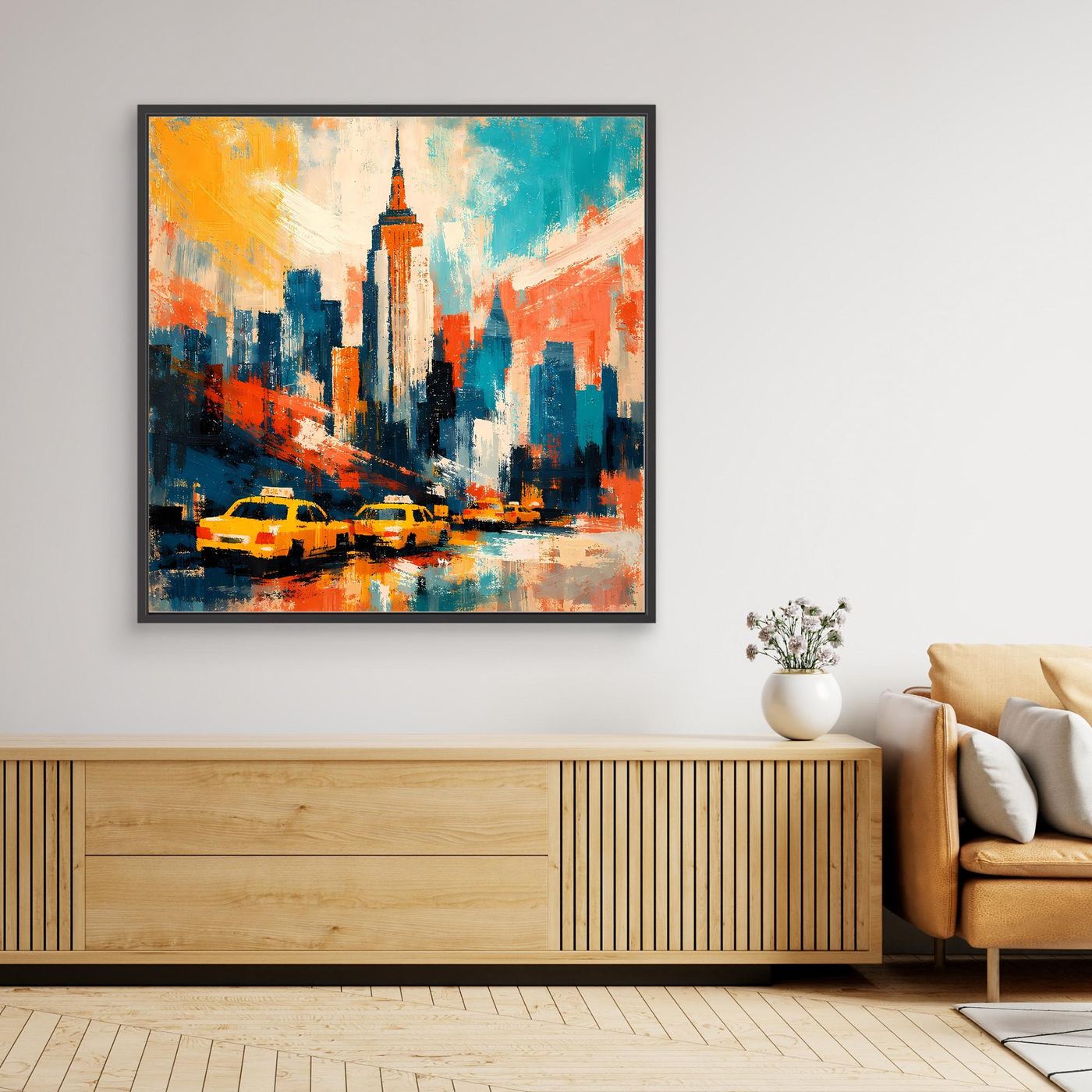 Wandbild: abstrakte Skyline mit gelben Taxis und Hochhaus, schwarzer Rahmen