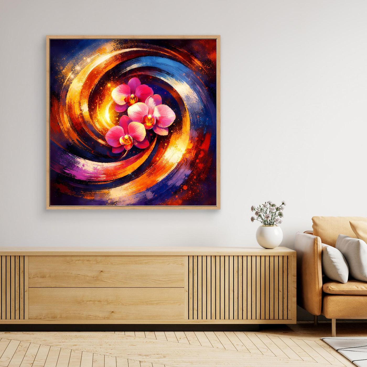 Gerahmtes quadratisches Leinwandbild: abstrakte Orchideen in Pink, Gold und Blau mit Spiralmuster.