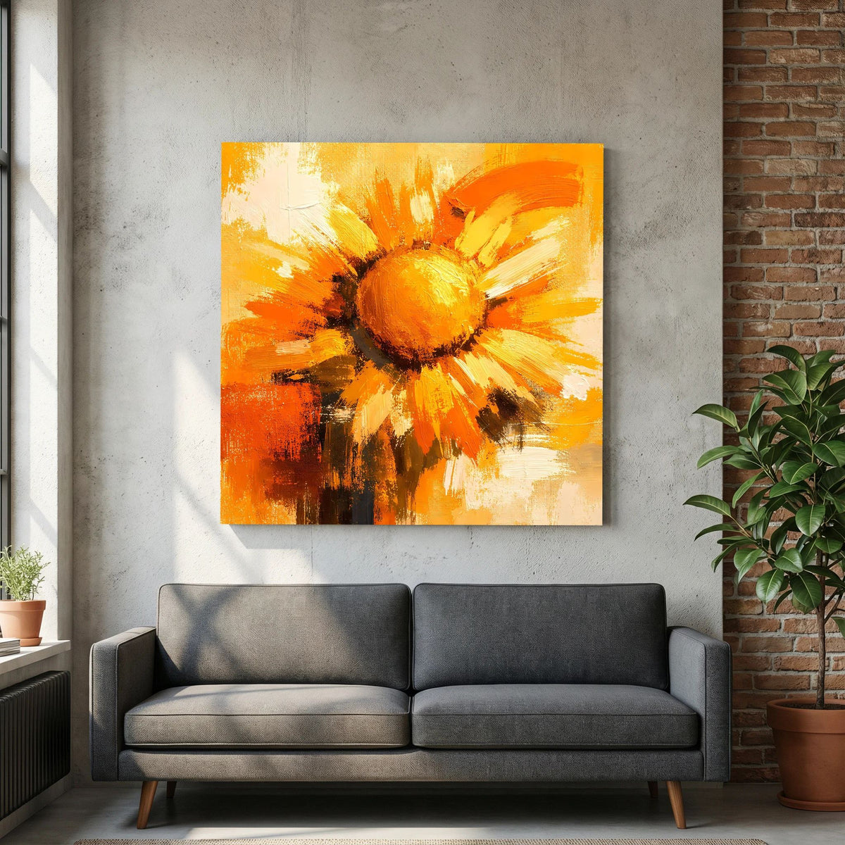 Leinwand Abstraktes Sonnenblumen Gemälde | Modernes Florales Wandbild Gelb Orange