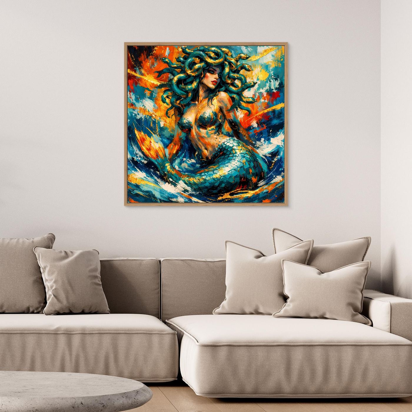Gerahmtes Leinwandbild mit Meerjungfrau-Motiv in Blau, Orange und Türkis, abstrakte Fantasy-Grafik.