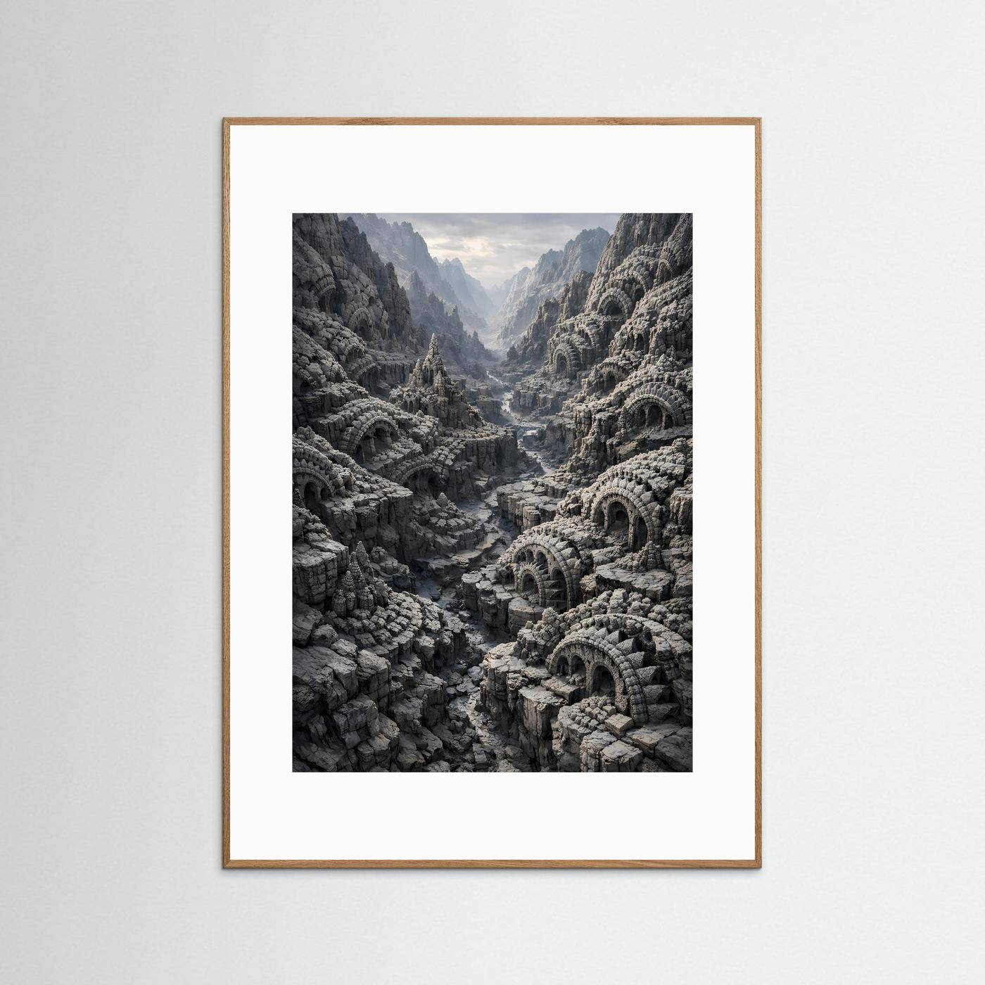 Hochformat-Kunstposter mit Ruinen und Bögen im Canyon, Steingrau & Anthrazit, goldbrauner Rahmen