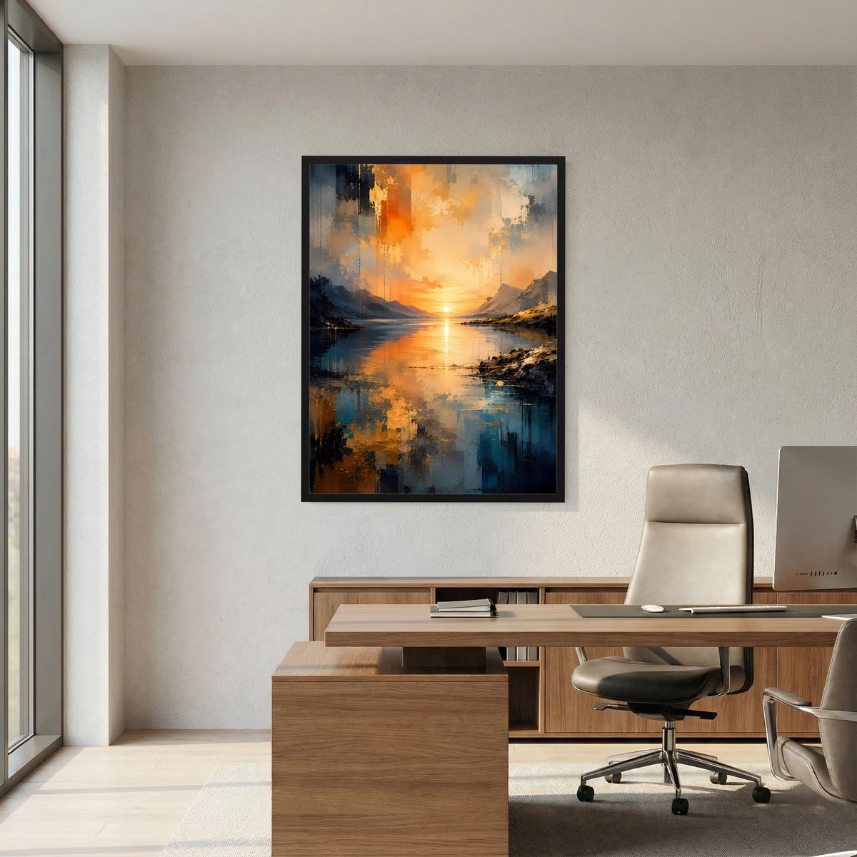 Abstraktes Hochformat-Poster: Berglandschaft am See mit orangefarbener Sonne und blauem Wasser, schwarz gerahmt