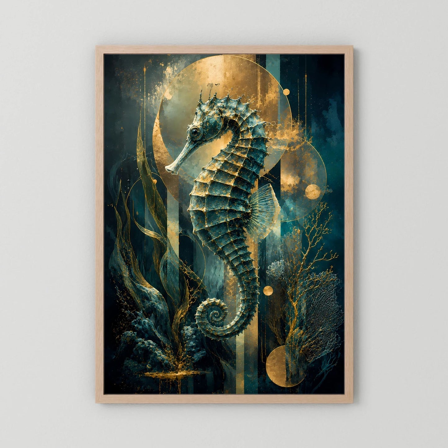 Poster mit Seepferdchen-Motiv in Petrol und Gold, Holzrahmen
