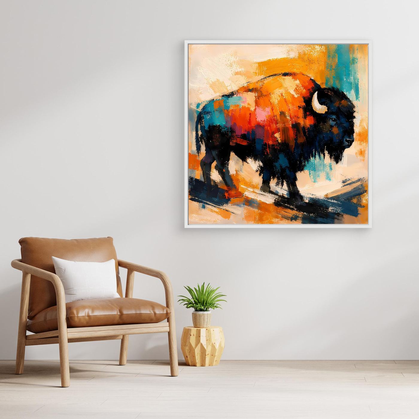 Abstract bison wall art with orange, teal, and black brushwork and thin white frame