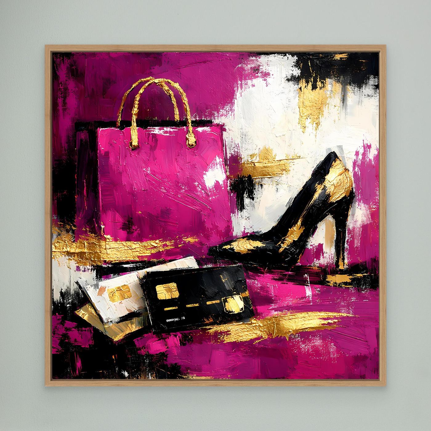 Leinwand Abstraktes Fashion Wandbild in Pink und Gold | Modernes High Heels & Shopping Gemälde