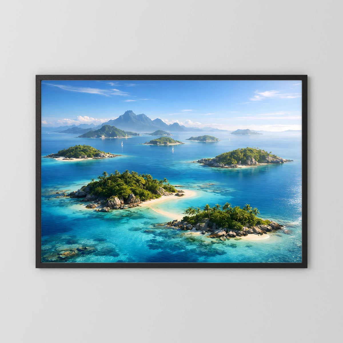 Querformat-Wandbild mit tropischen Inseln im türkisblauen Meer, schwarzer Holzrahmen