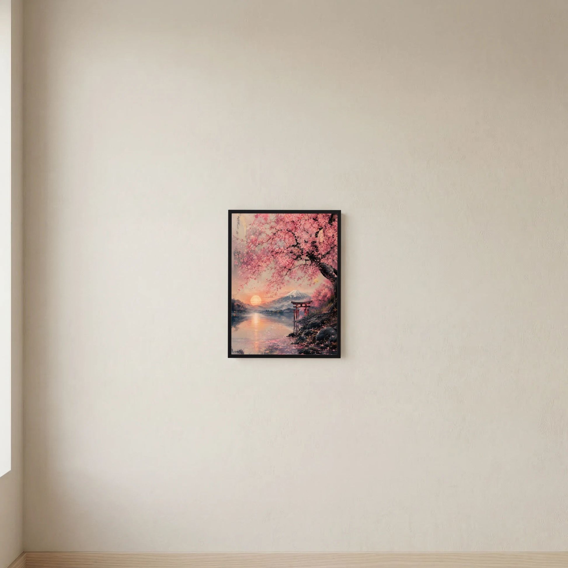 Gerahmtes Poster klein an der Wand: Kirschblütenbaum, Torii und Fuji