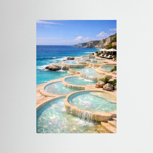 Hochkant-Poster mit türkisfarbenen Infinity-Pools am Meer und Felsküste