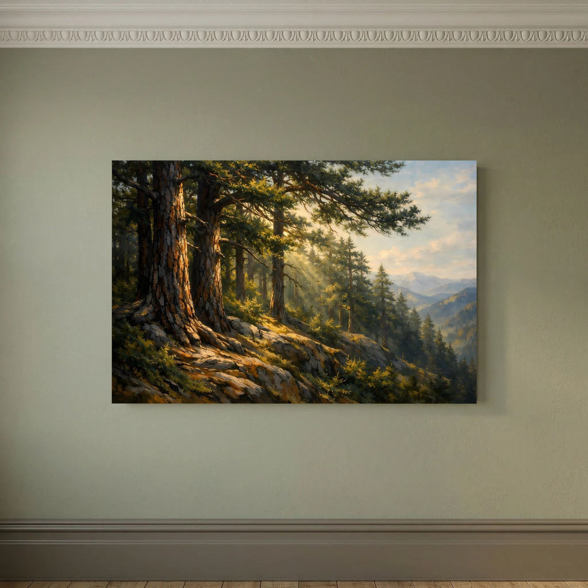 Wandbild im Querformat mit Waldlandschaft und Bergen, ohne sichtbaren Rahmen