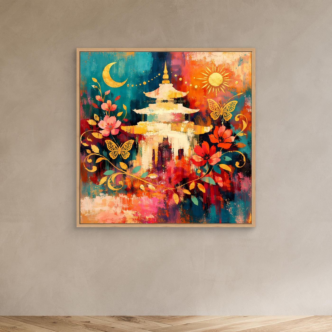 Wandbild mit goldener Pagode, Mond, Sonne, Blumen und Schmetterlingen im hellen Rahmen