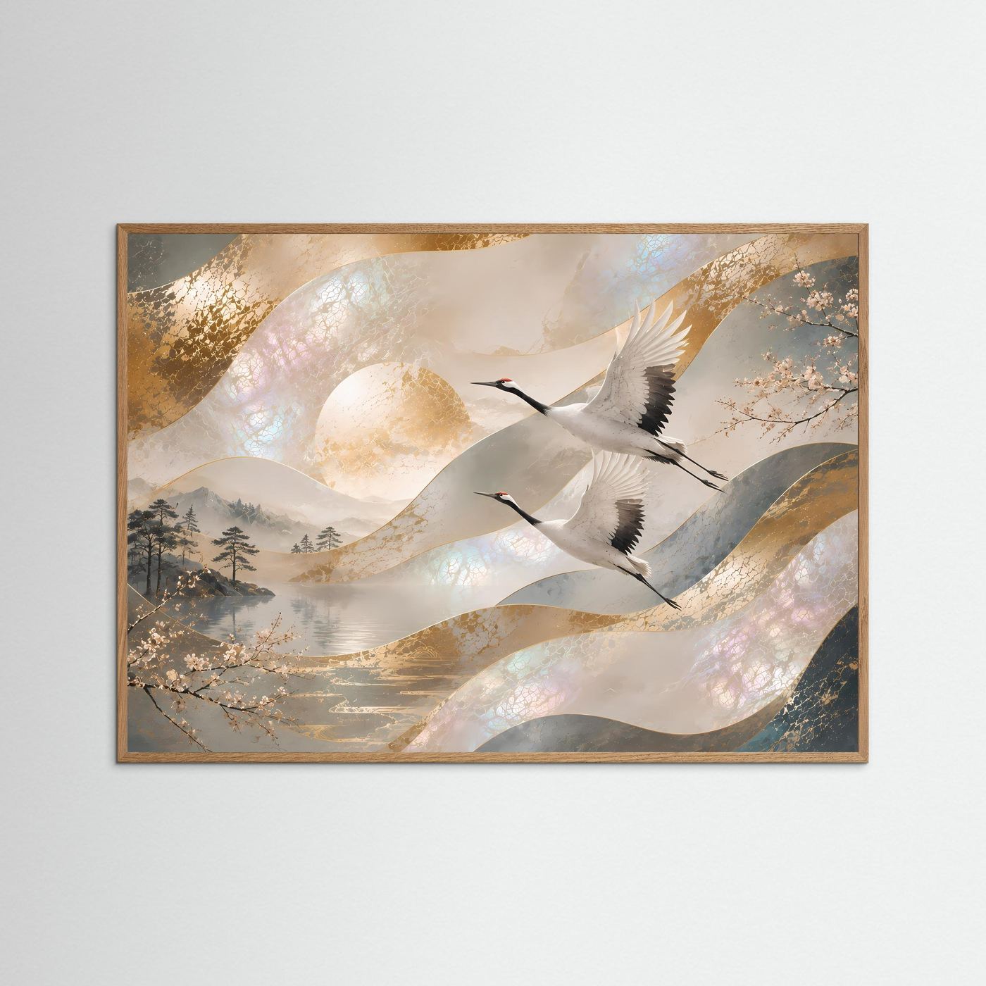 Japanische Kraniche im Flug | Elegante Perlmutt-Kunst in Gold & Creme