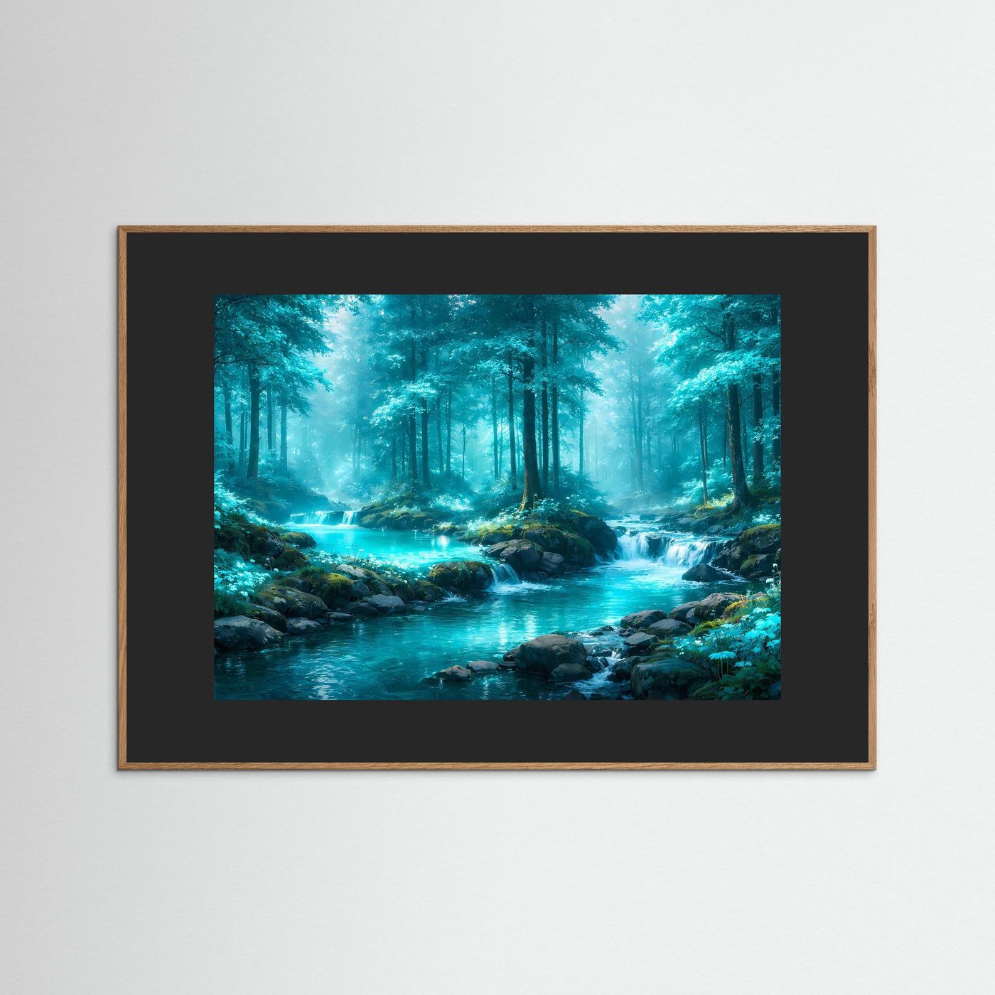 Wandbild mit Waldfluss-Fotografie: türkisfarbenes Wasser, grüner Wald, dunkel mit Holzrand