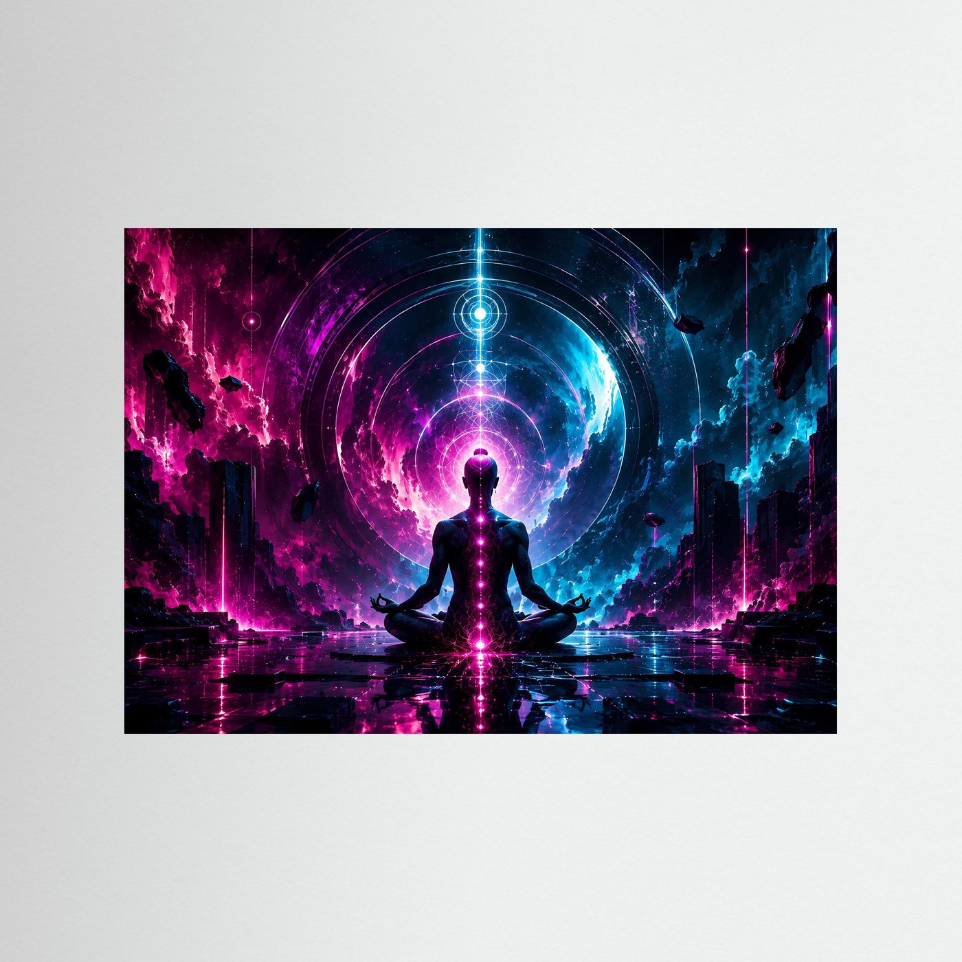 Meditation Poster Neon | Chakra Wandbild Modern | Spirituelle Kosmische Kunst | Abstrakte Energie Meditation | Leinwand Yoga Deko