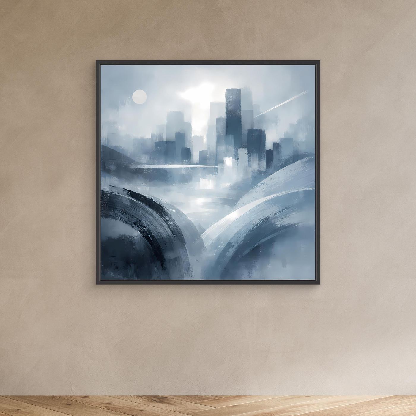 Kleines Leinwandbild abstrakte Skyline in Blau-Grau mit schwarzem Rahmen