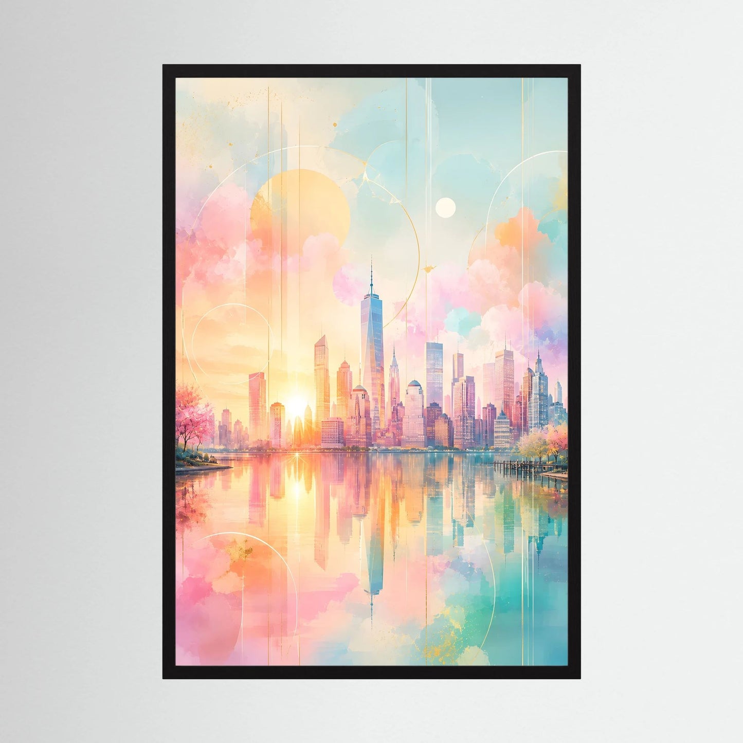 Kunstposter Hochformat, abstrakte Skyline in Pastellrosa/Türkis mit goldenen Akzenten, schwarzer Rahmen