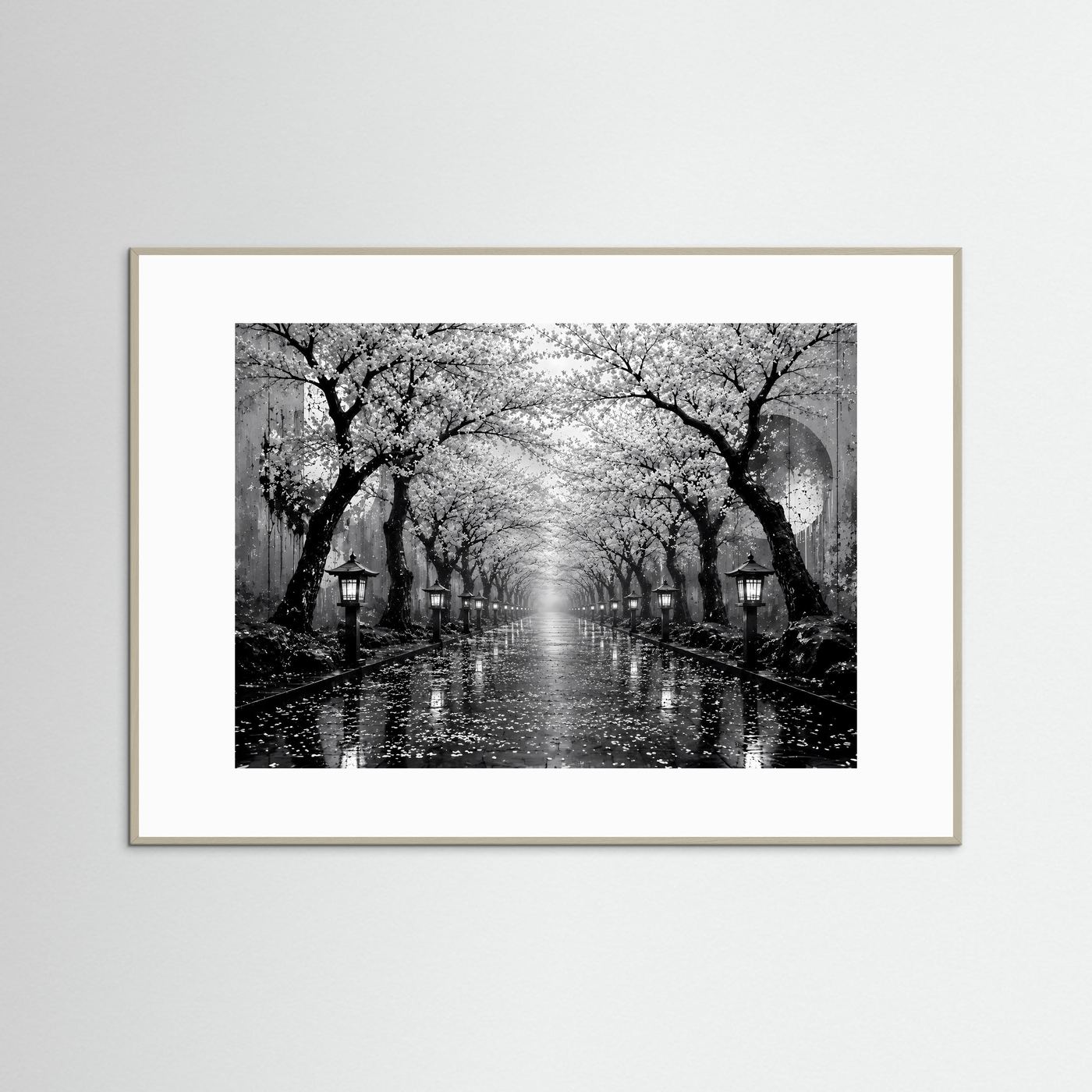 Kirschblütenallee Schwarz-Weiß | Japanisches Wandbild mit Laternen im Regen