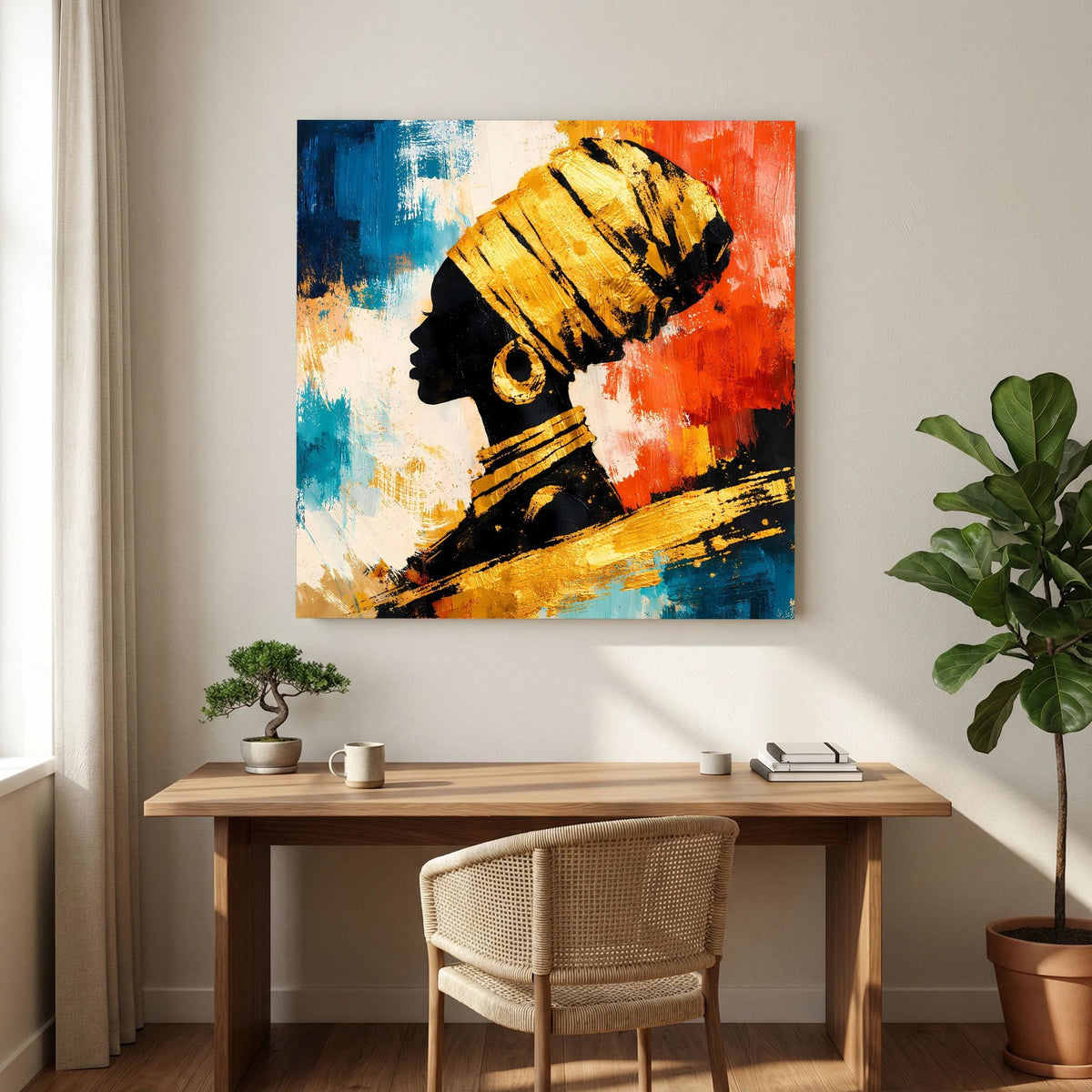 Leinwand-Wandbild mit abstraktem Kopfprofil in Blau, Rot und Gold über einer Holzkonsole