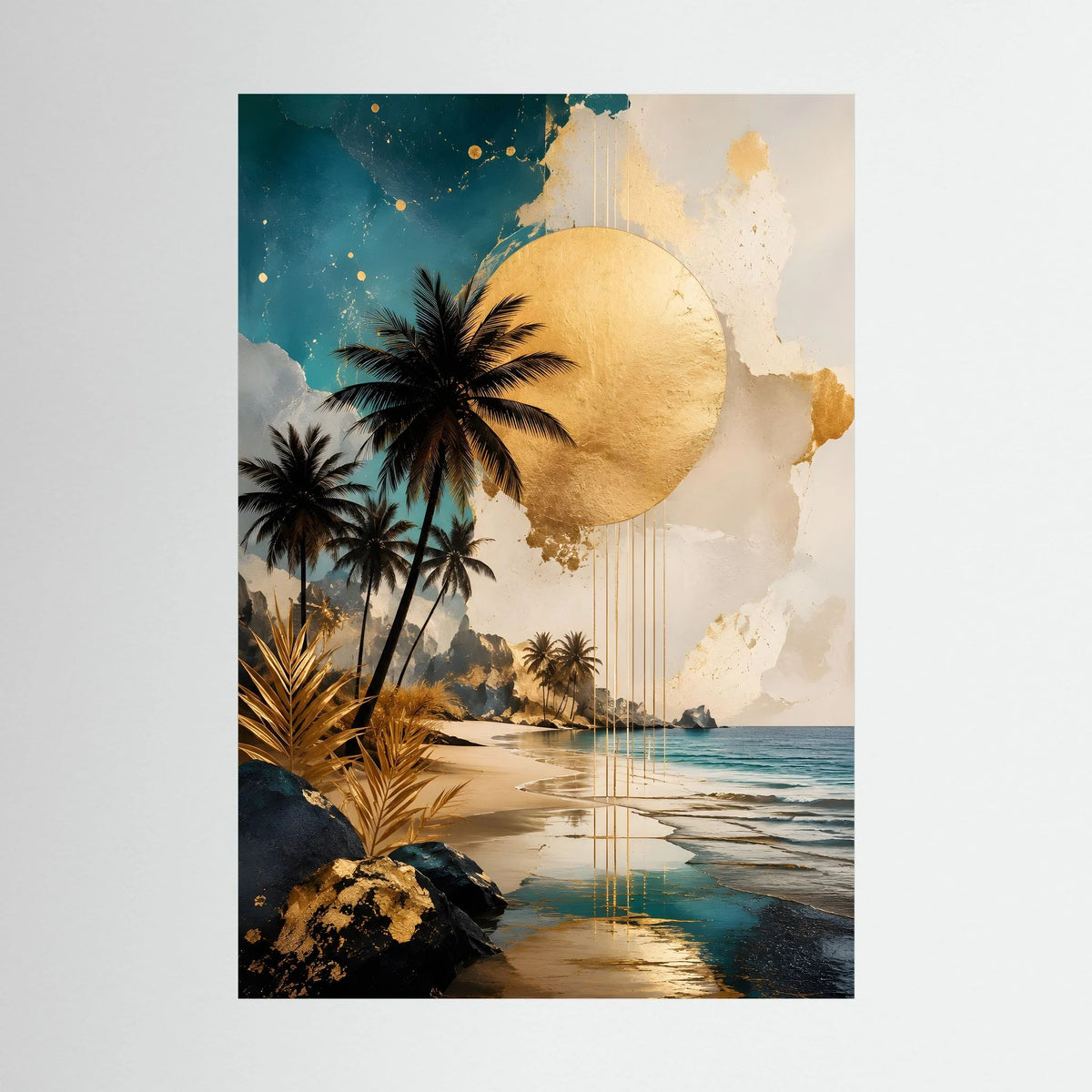 Hochformatiges Strand-Poster mit Palmen und goldener Sonne, abstrakte Küstenlandschaft