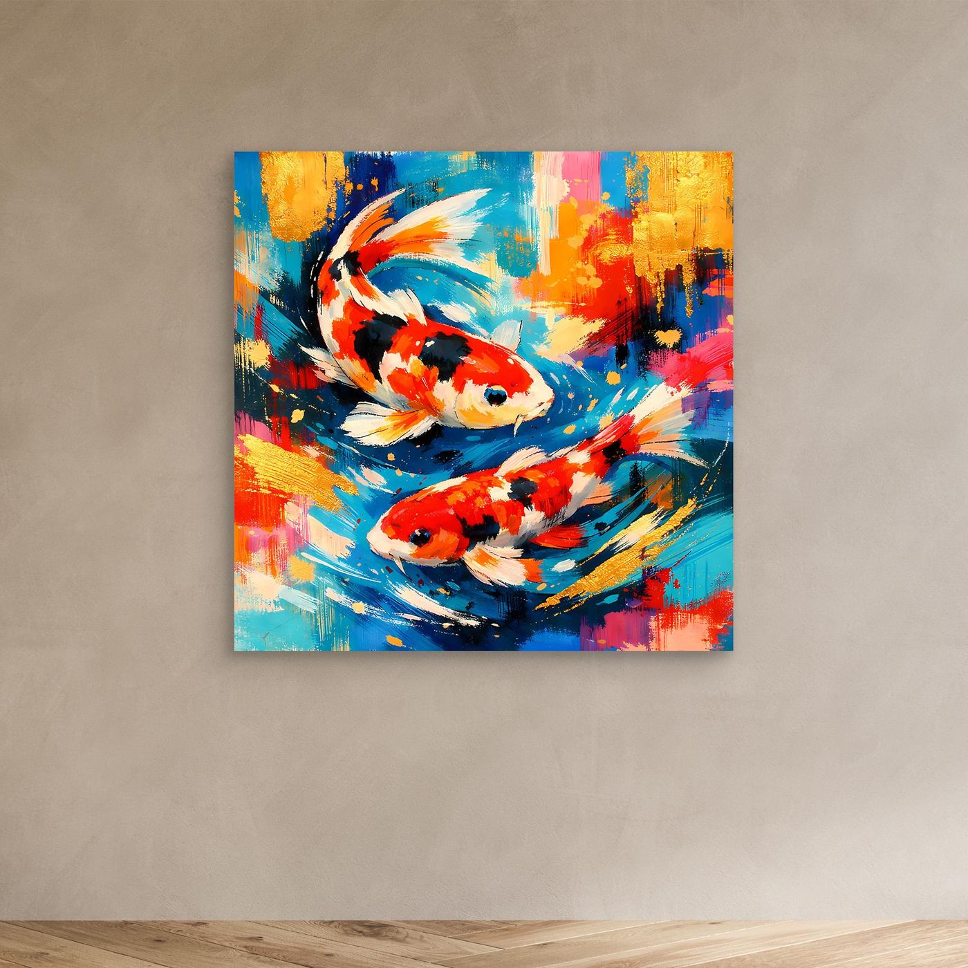 Leinwandbild mit zwei Koi-Fischen, abstrakte Farbmuster in Blau, Rot und Weiß, ohne Rahmen