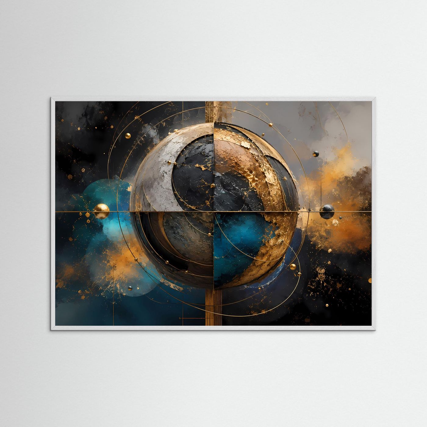Abstrakte Goldene Planetensphäre | Moderne Kosmische Geometrie Kunst Querformat