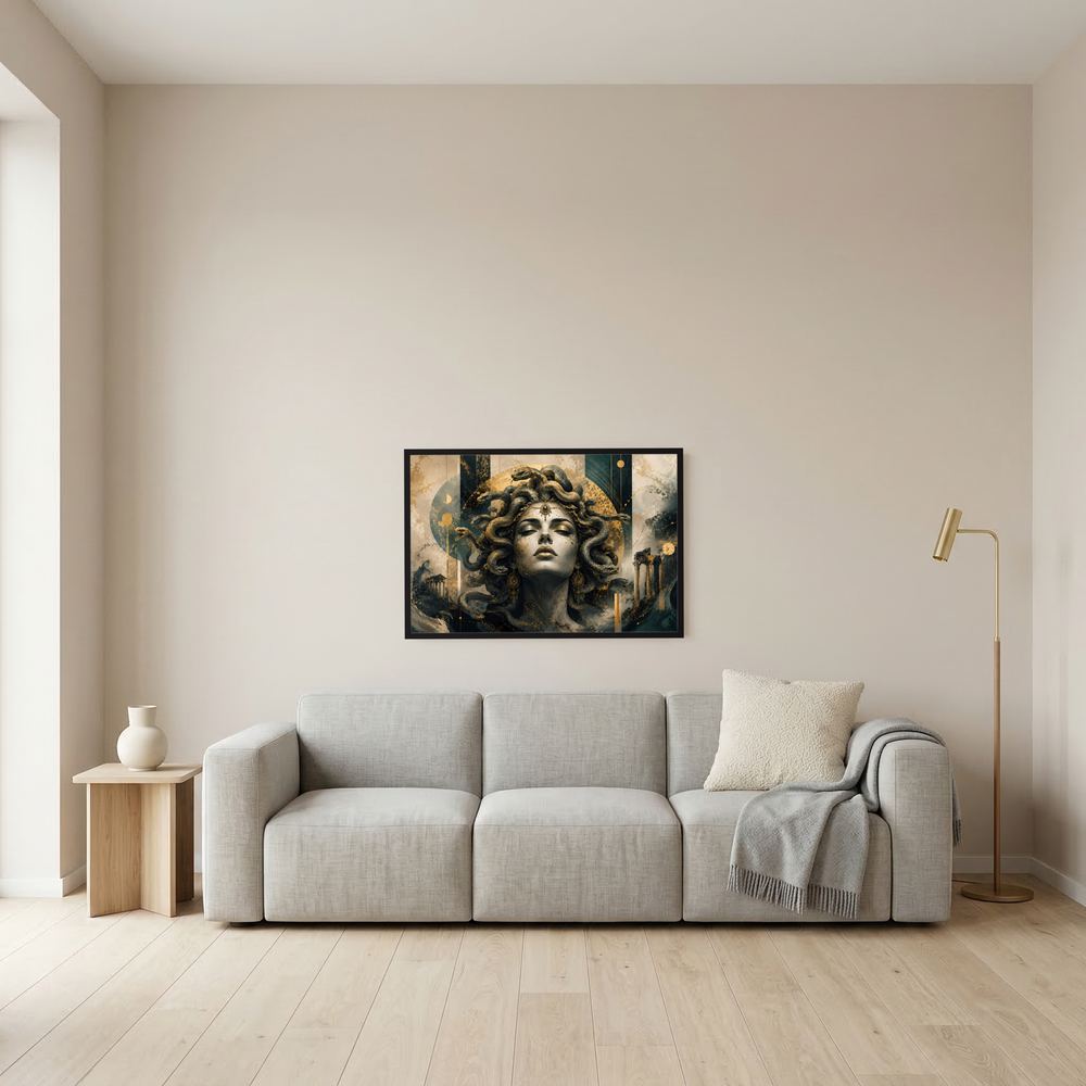 Gerahmtes Querformat-Poster mit Medusa, goldenen Schlangen und schwarz-grauem Porträt, schwarzer Rahmen