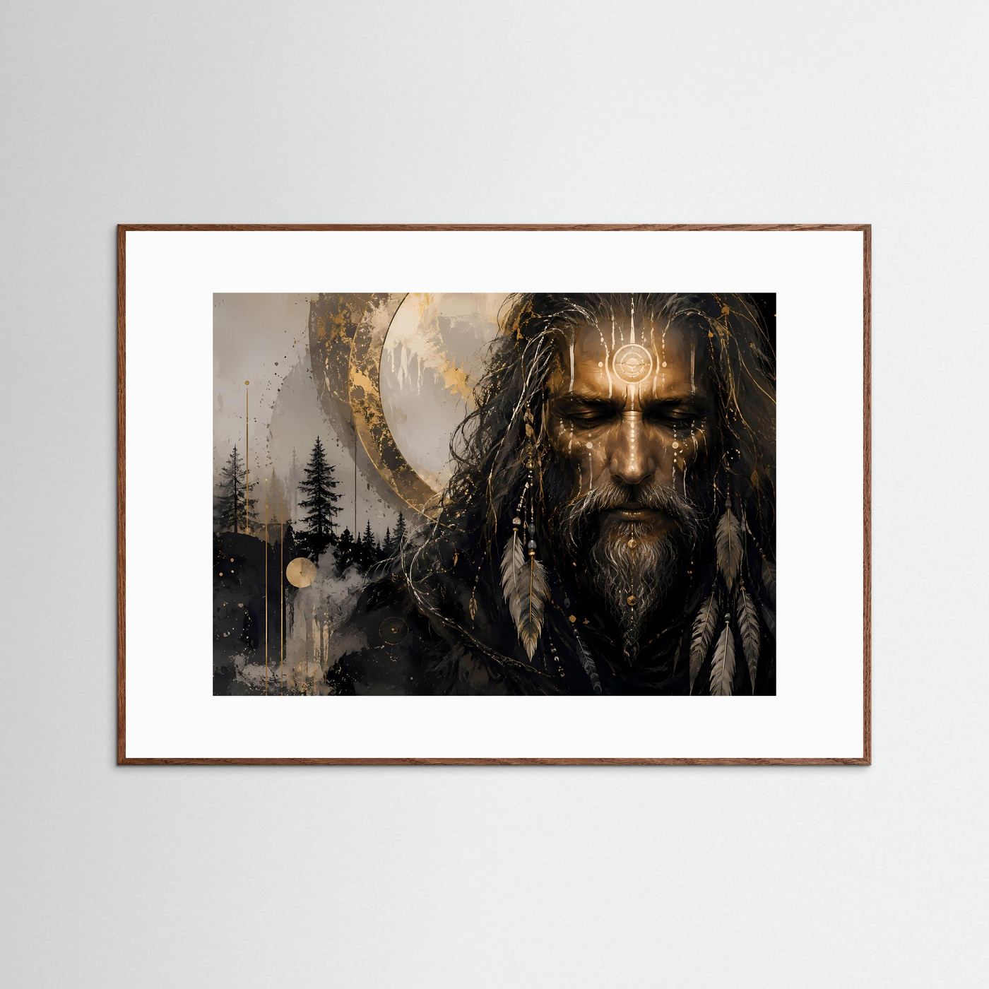 Mystischer Schamane in Gold & Schwarz | Modernes Spirituelles Porträt Poster