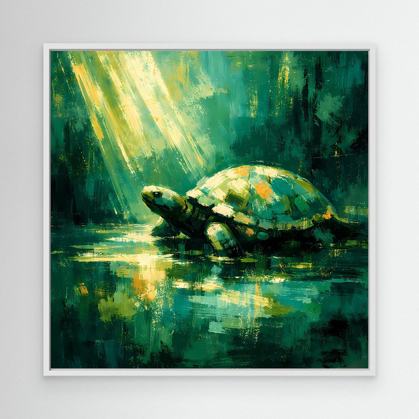 Leinwand Mystische Schildkröte im Lichtstrahl | Abstraktes Natur Wandbild Grün