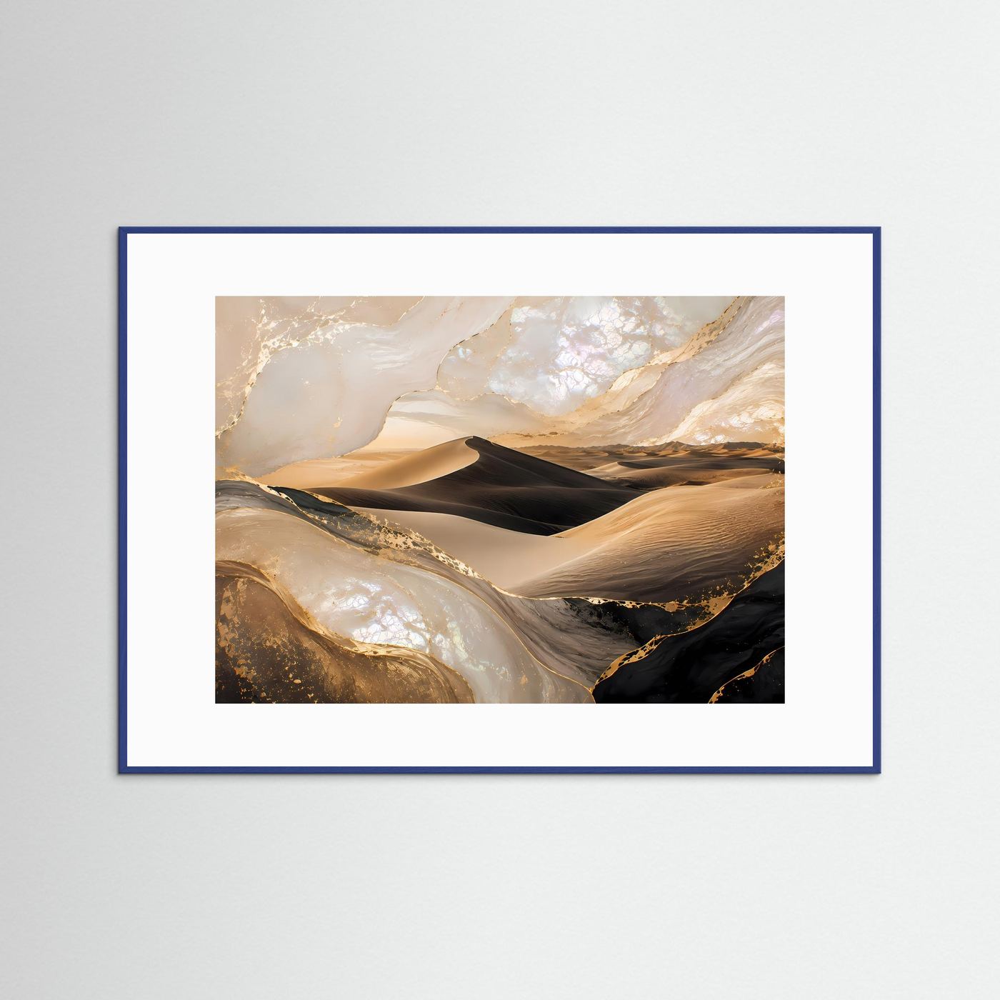 Wüstenlandschaft-Poster im blauen Rahmen mit beigen Sanddünen und dunkler Düne