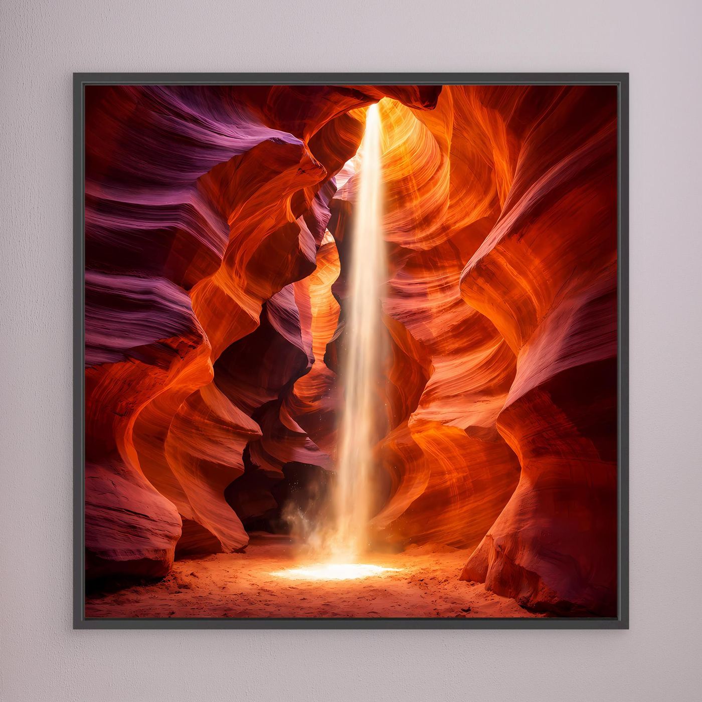Leinwandbild Schlucht mit Lichtstrahl, orange-rote Felswände, schwarzer Rahmen