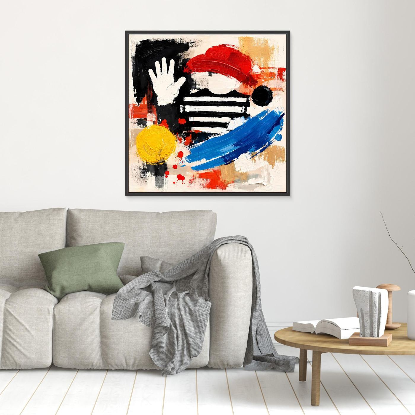 Abstract street art canvas with black, red, blue, and yellow figures, black frame