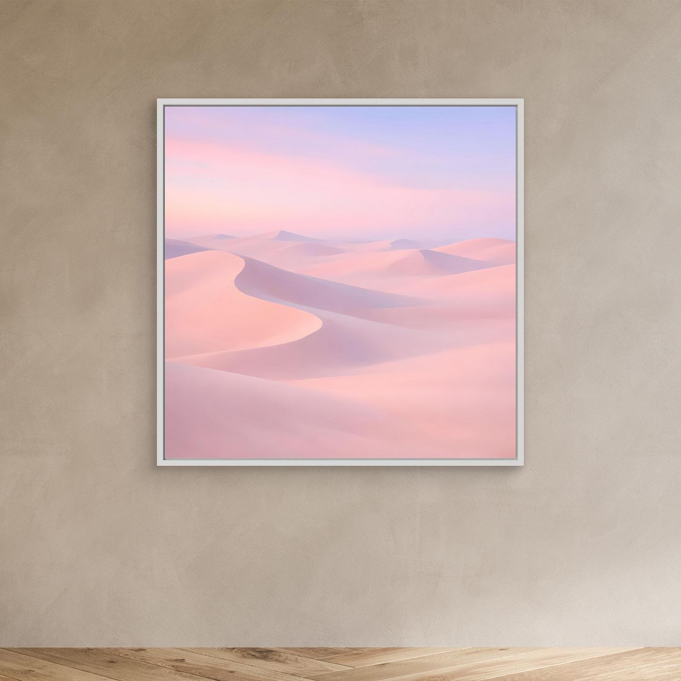 Leinwandbild mit pastellfarbenen Wüstendünen in Rosa und Violett, mit weißem Rahmen