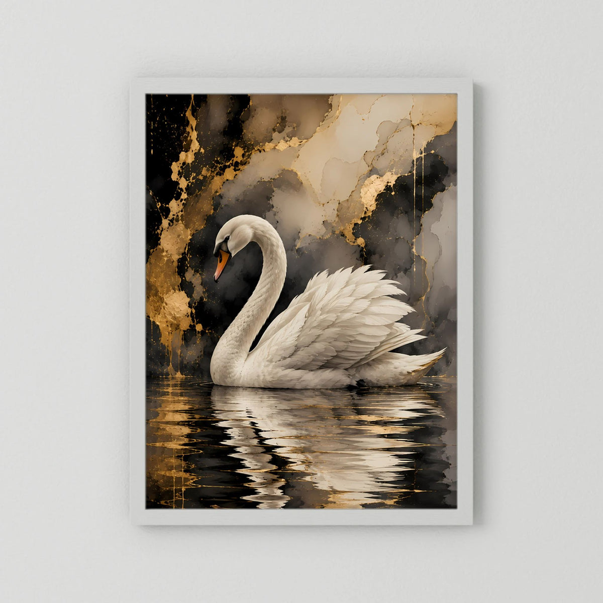 Gerahmtes Poster mit weißem Schwan im Wasser, Gold-Schwarz-Abstraktion, weißer Rahmen