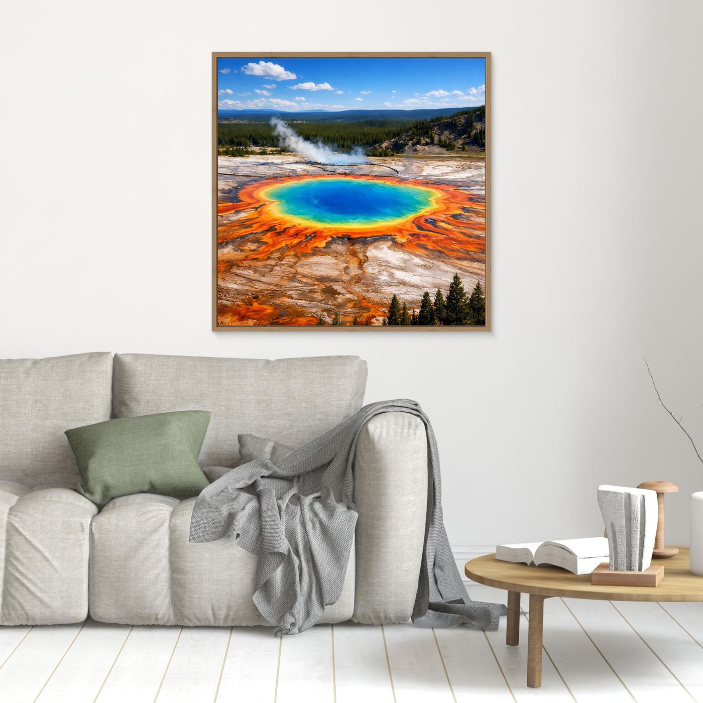 Kleines gerahmtes Leinwandbild Grand Prismatic Spring mit blauem Becken und orange-roten Terrassen