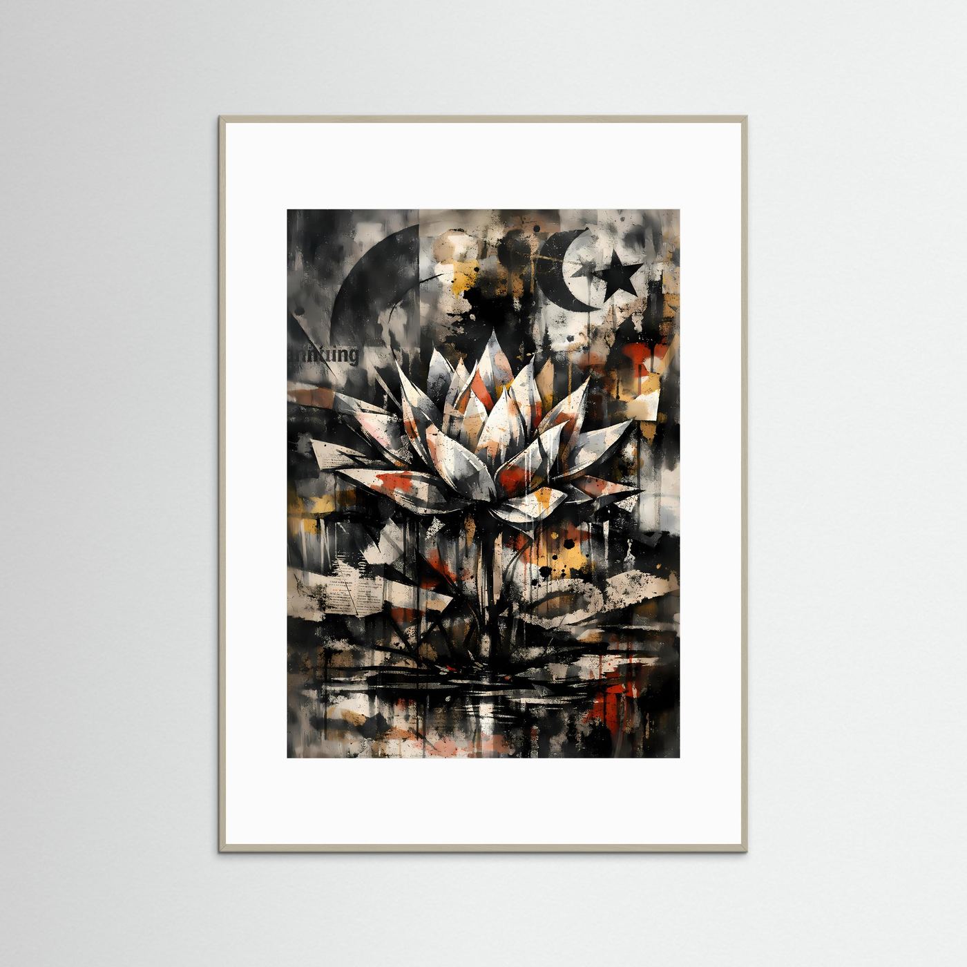 Abstraktes Lotus-Mondmotiv im Graphitstil mit Sonnenrad, im hellen Holzrahmen