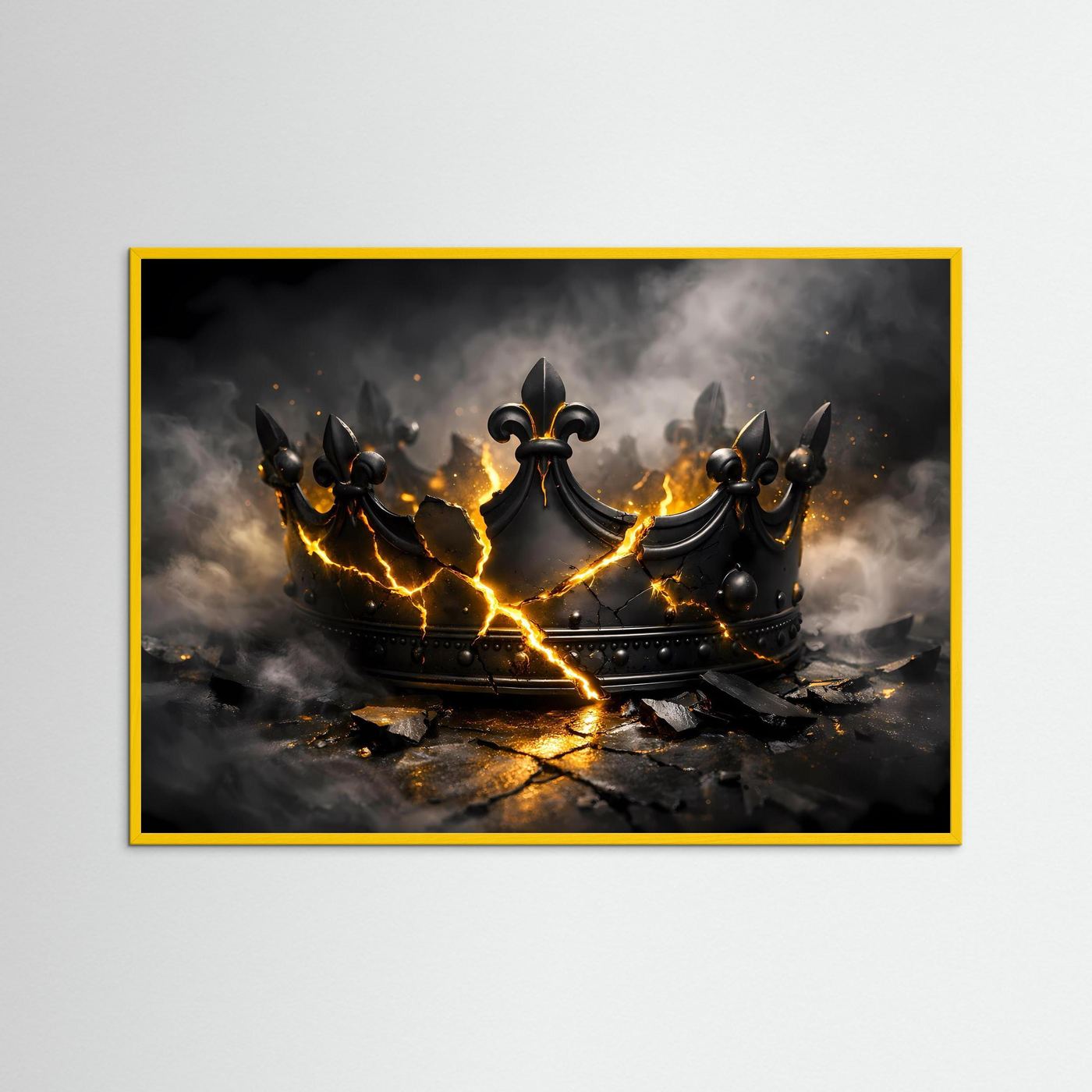 Wandposter mit gebrochener Krone, schwarz-gold, goldene Funken, gelber Rahmen