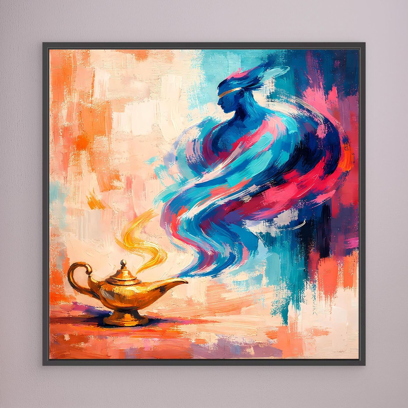 Wandbild mit abstraktem Flaschengeist, dunkel gerahmte Leinwand, blaue und orange Farbfelder