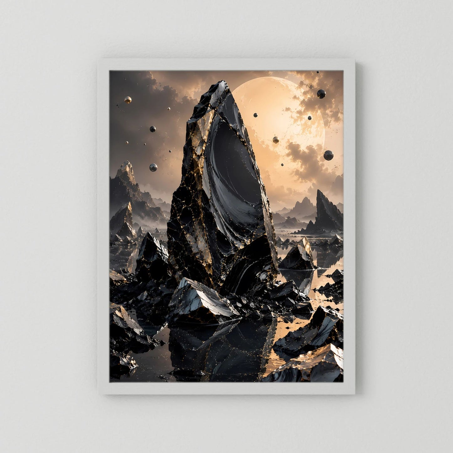 Poster in hellem Kastenrahmen: schwarzer Obsidian-Monolith, goldene Sonne, Hochformat