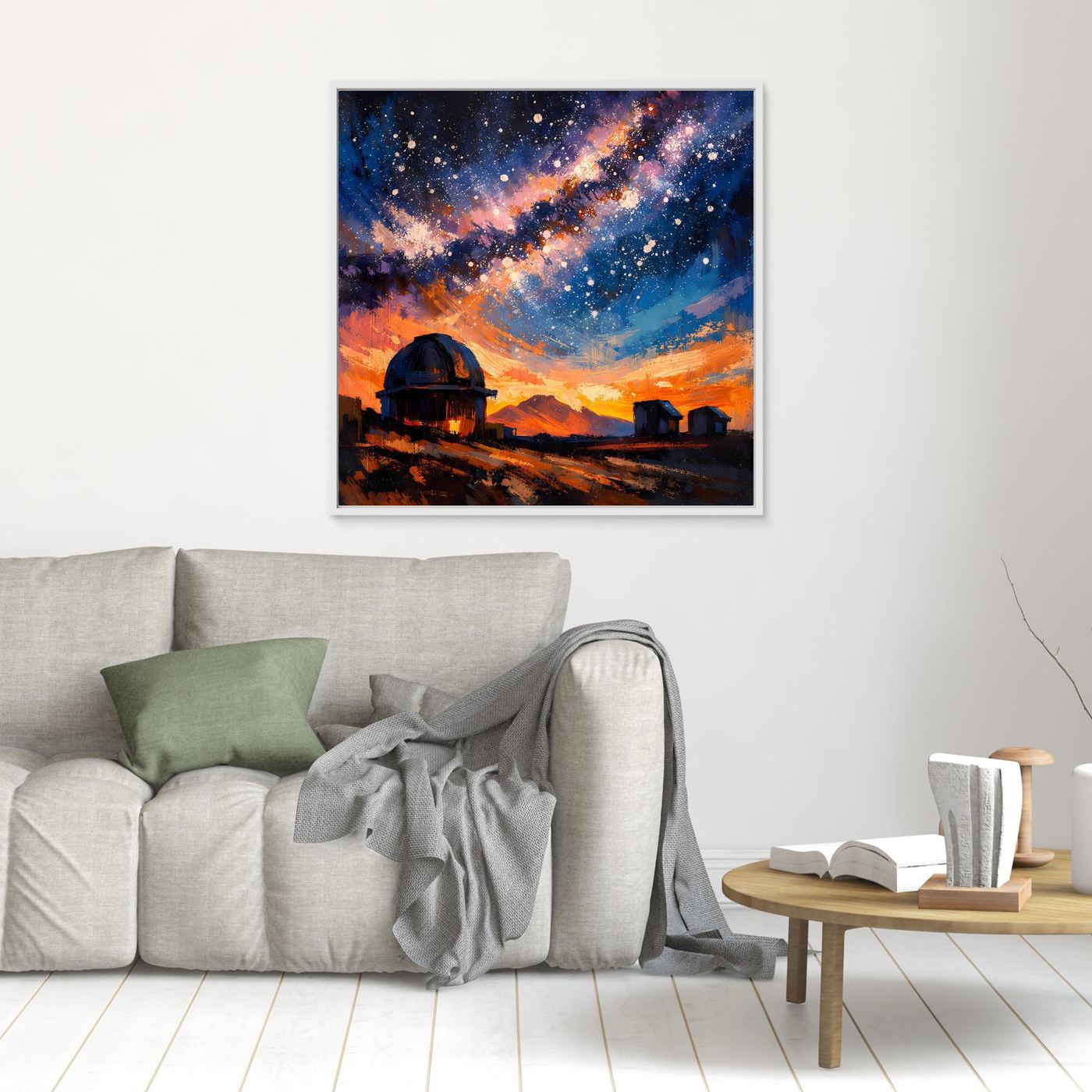 Kleines Wandbild: abstrakte Galaxie mit Sternen, Sternwarte mit Teleskop, schwarz gerahmt