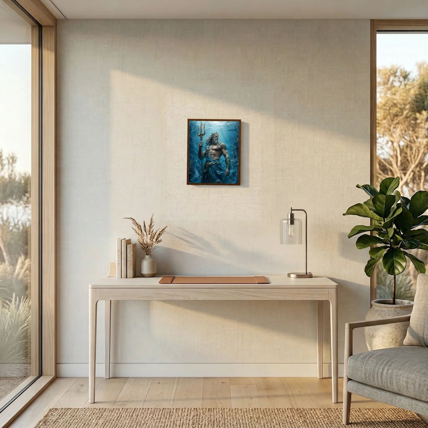 Hochformatiges Poster mit Poseidon und Dreizack im Unterwasserbild, dunkel gerahmt
