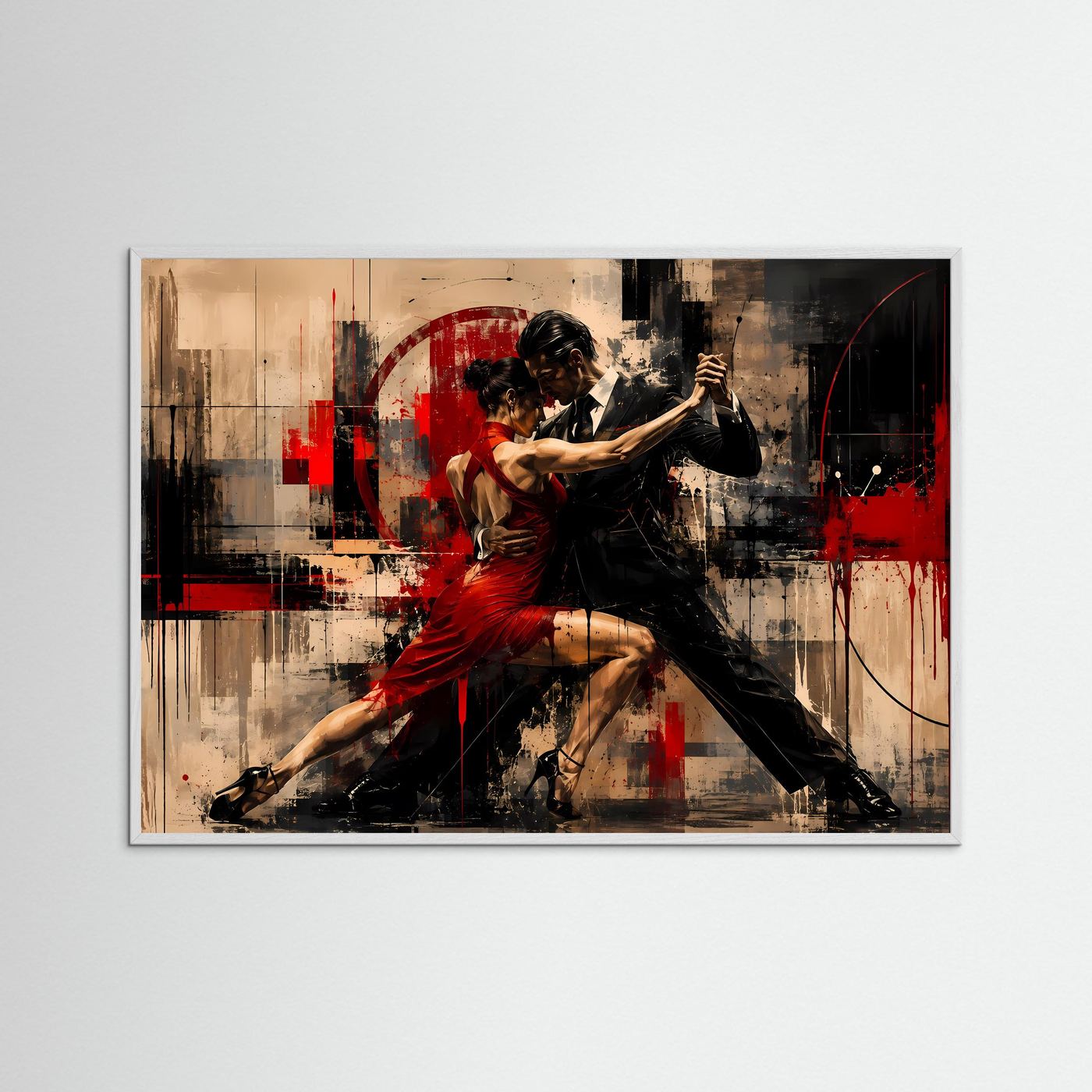 Leidenschaftliches Tango-Paar in Rot & Schwarz | Abstraktes Tanz Poster im Querformat | Modernes Wandbild