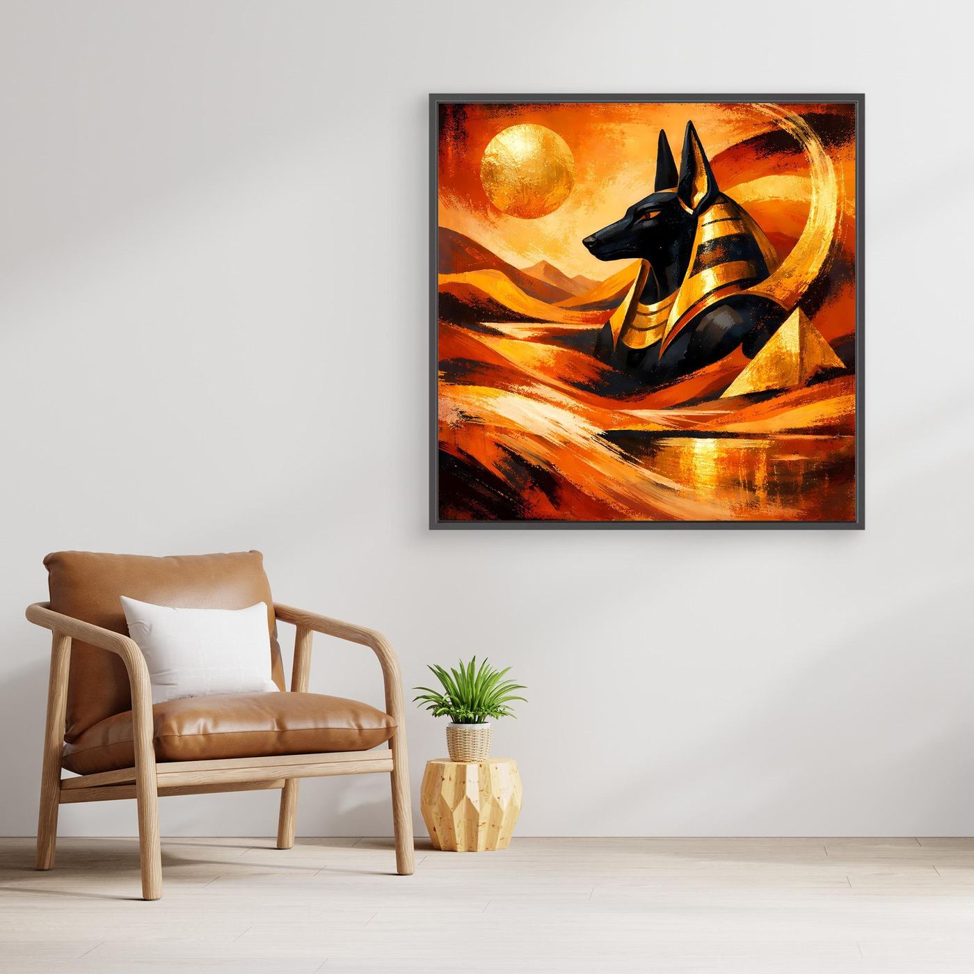 Gerahmtes Leinwandbild: Anubis in abstrakten Wellenstrukturen, goldene und schwarze Farbakzente