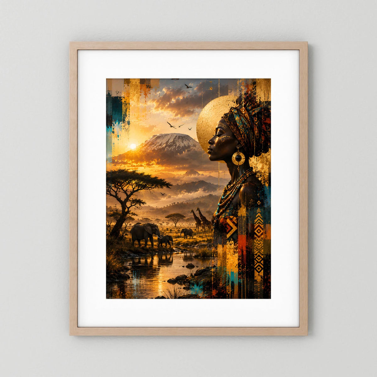 Kunstposter im hellen Holzrahmen mit Porträt einer afrikanischen Frau im Profil, Sonnenuntergang