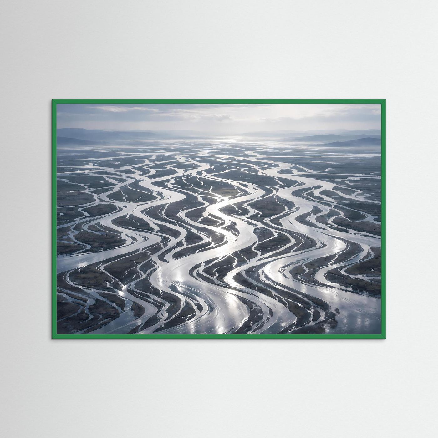 Wandbild mit Flussdelta-Motiv in Blau-Grau, grüner Rahmen