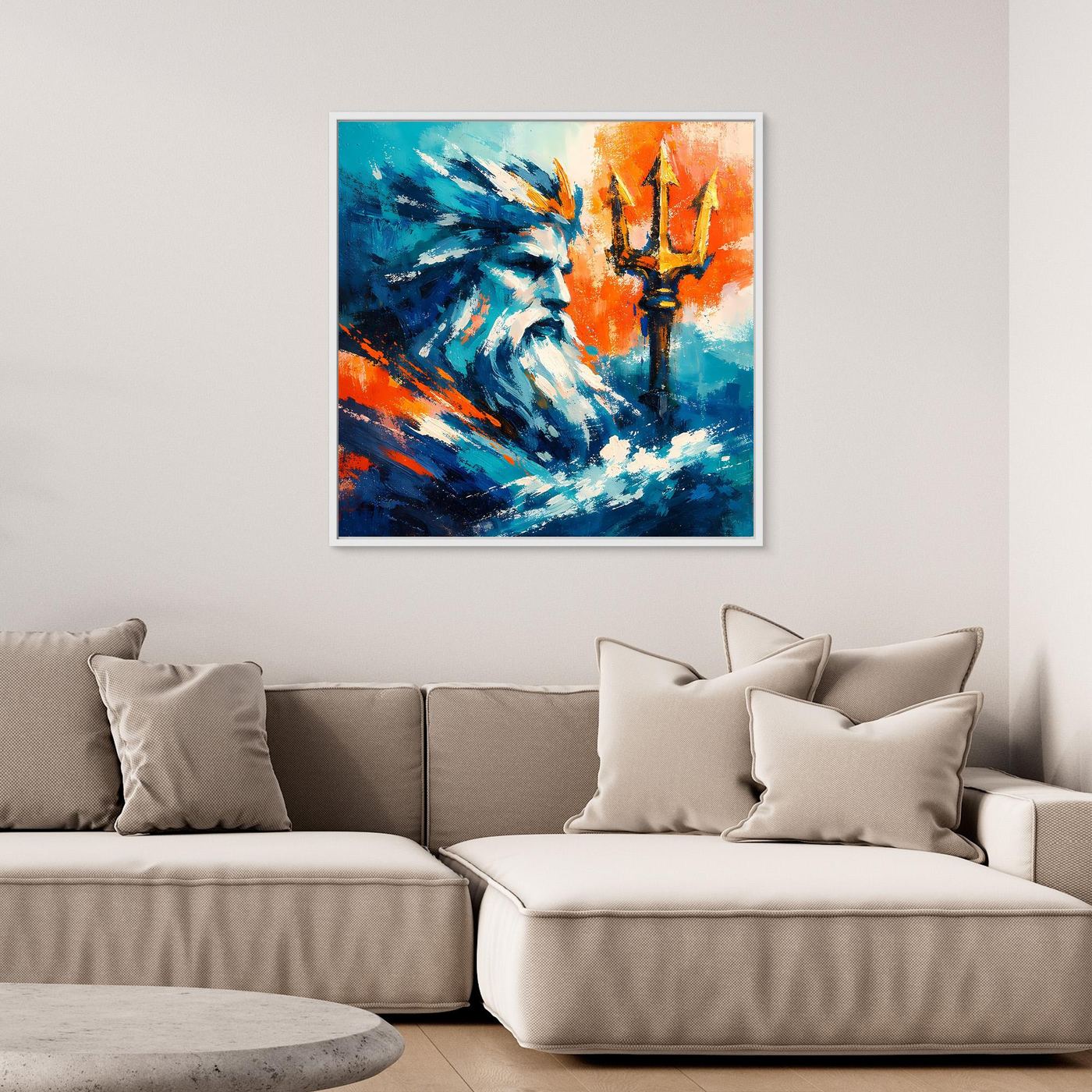Wall art with white frame, blue waves, teal figure, orange candles