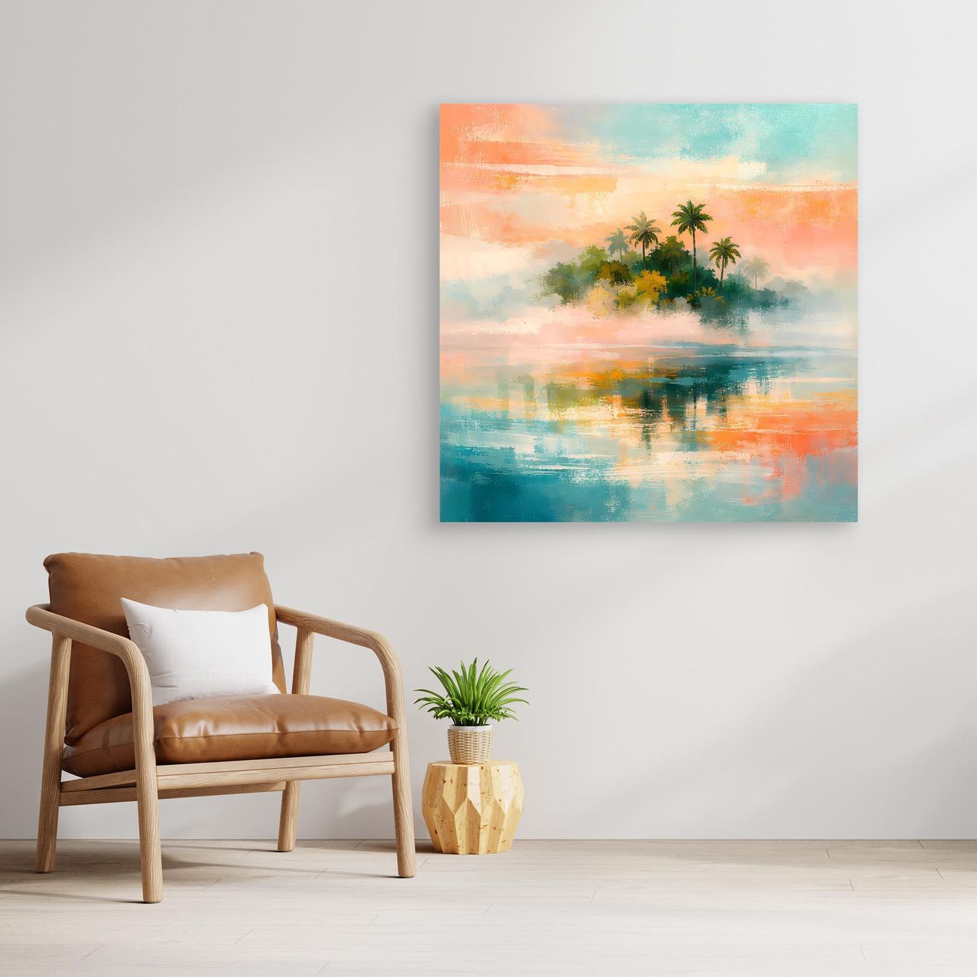Wandbild mit abstraktem Tropenmotiv: Palmeninsel mit Meerfarben, ohne Rahmen