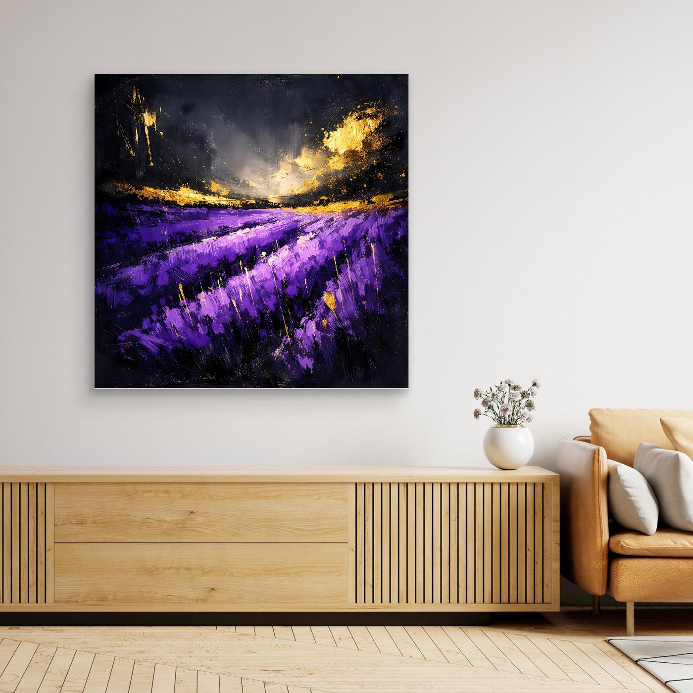 Leinwand Abstraktes Lavendelfeld im Abendlicht | Modernes Natur Wandbild