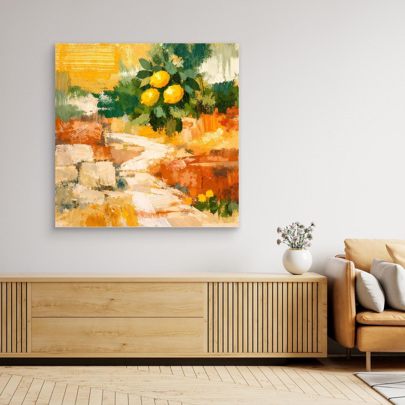 Leinwand Mediterraner Zitronenzweig im Sonnenlicht | Abstraktes Stillleben Wandbild