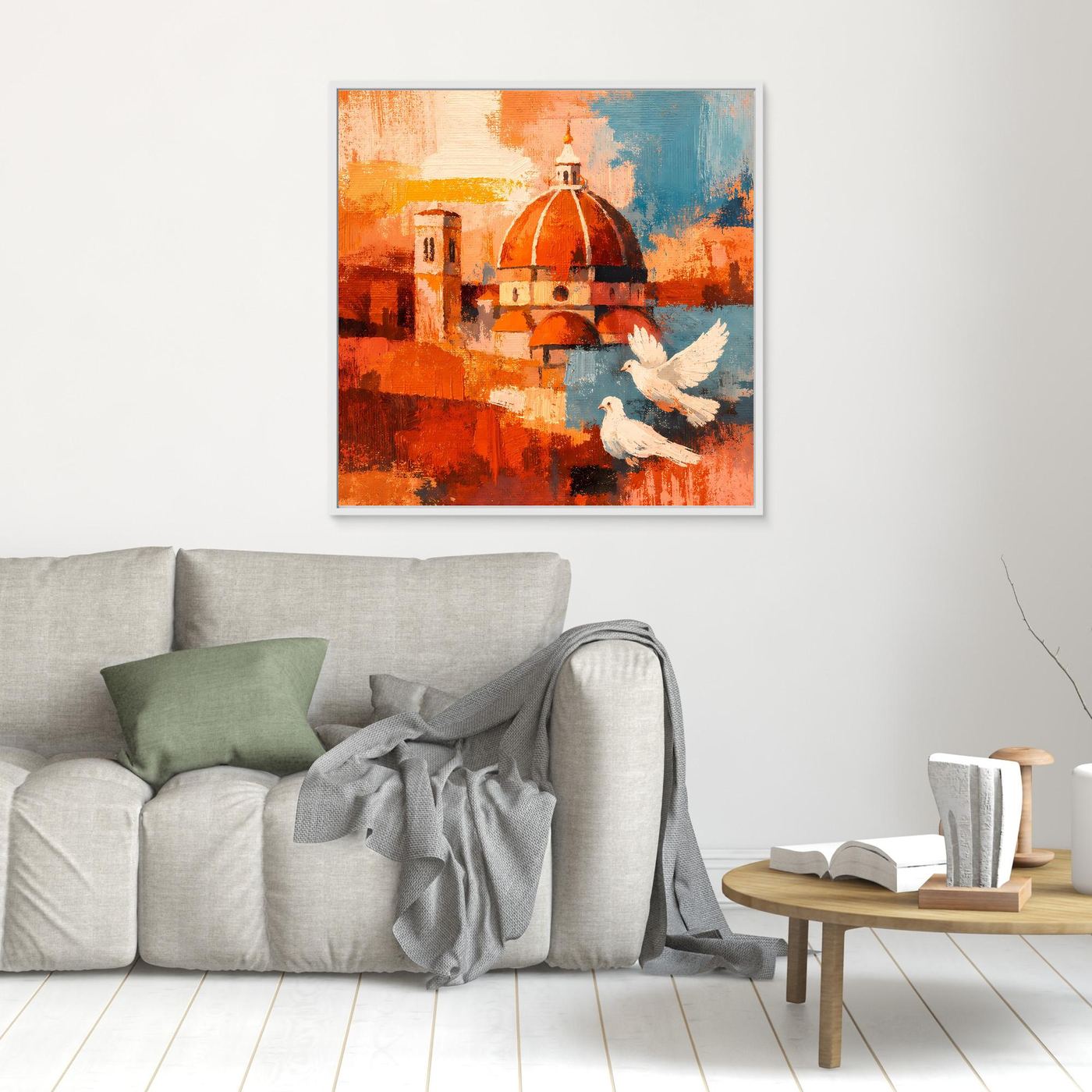 Abstraktes Wandbild mit roter Kuppel und Tauben, farbige Stadtformen, weiß gerahmt
