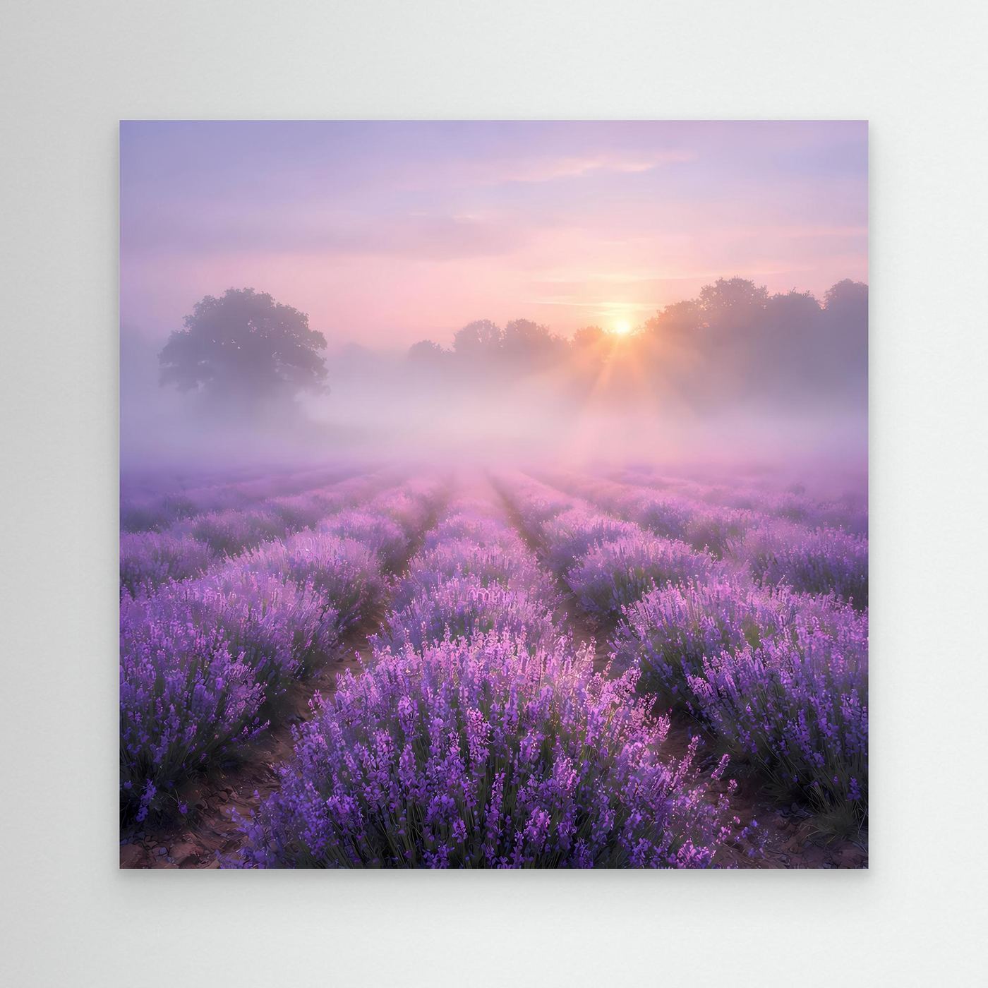 Rechteckiges Leinwandbild mit Lavendelfeld im Nebel und Sonnenaufgang, ohne sichtbaren Rahmen