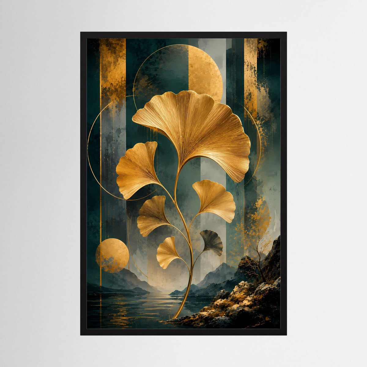 Abstraktes Ginkgo-Poster im schwarzen Rahmen mit goldenen Blättern auf Petrol, Schwarz & Gold